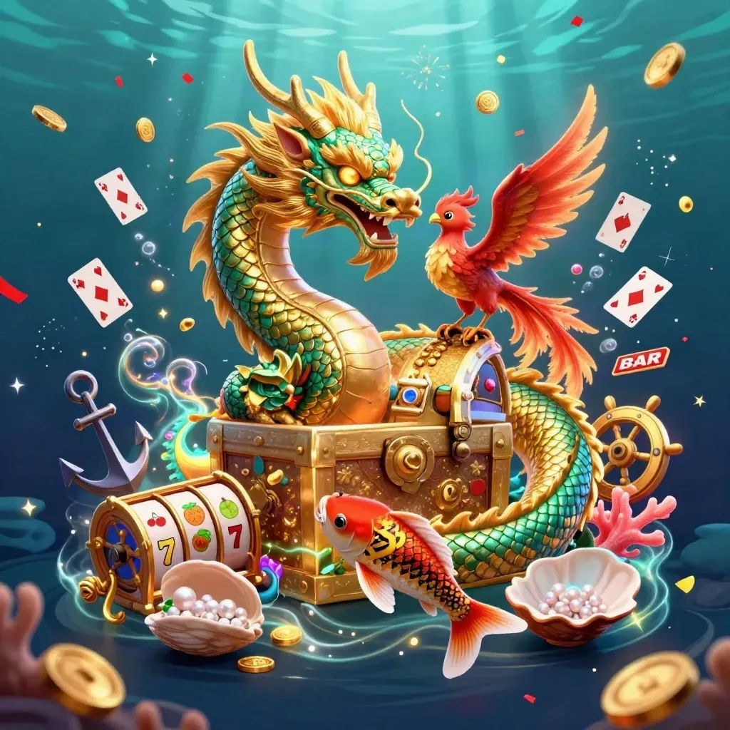 Drago dorato con fenice e carpa tra monete, coralli e simboli jackpot subacquei