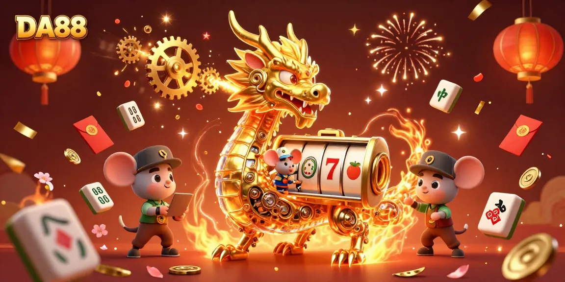 Experience the thrill of gaming at DA88 with a 3D illustration of a golden dragon and festive elements.
