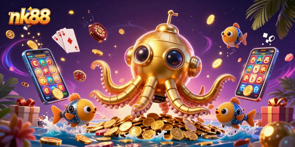 Experience thrilling casino adventures at nk88 with our golden kraken submarine amidst vibrant slot games and golden coins.
