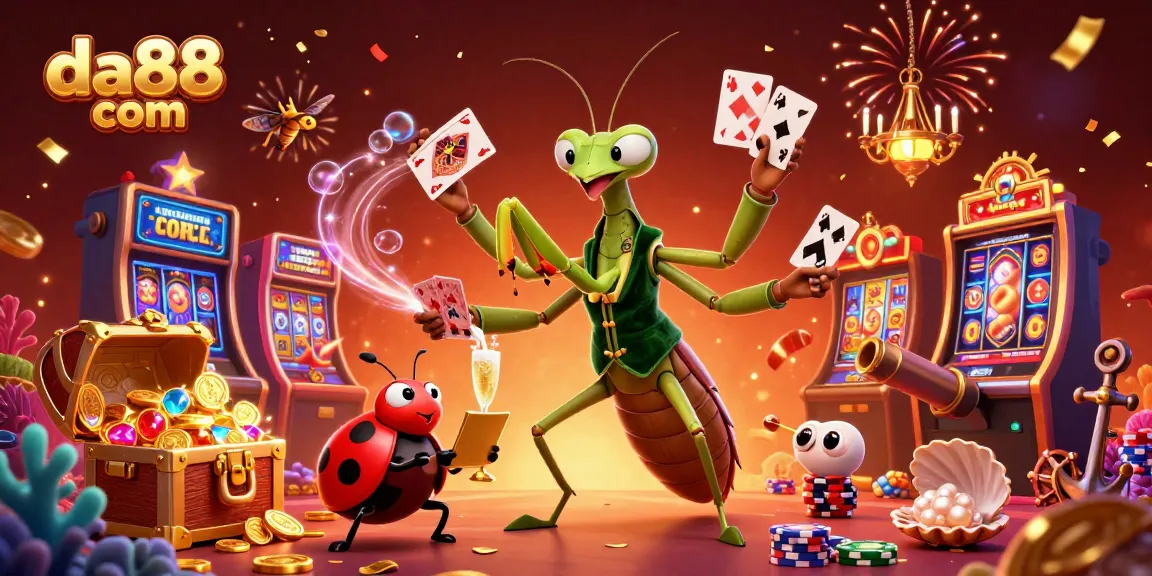 Engage with da88 com's spirited casino scene showcasing a giant mantis card sharp and ladybug pit boss amidst vibrant gaming elements.