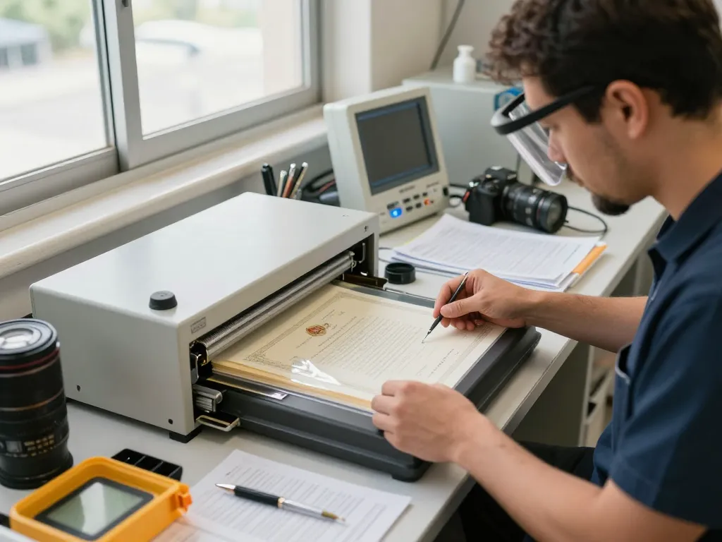 Bóc sổ đỏ ép plastic Hà Nội service, showcasing a technician using advanced technology to restore documents without damage.