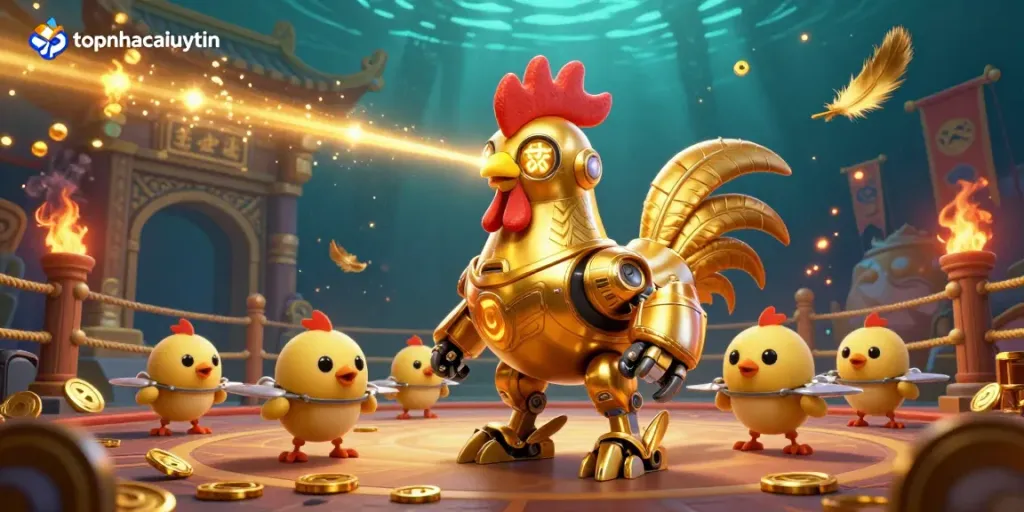 Engage with the topnhacaiuytin online casino experience featuring a rooster robot and chick drones in a vibrant, immersive setting.