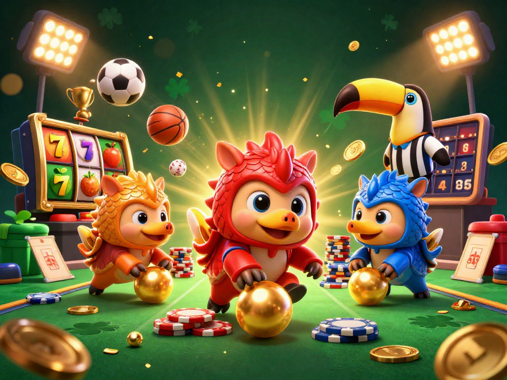 MAY88 casino action scene depicting rival pangolins bowling slots with dynamic elements and confetti