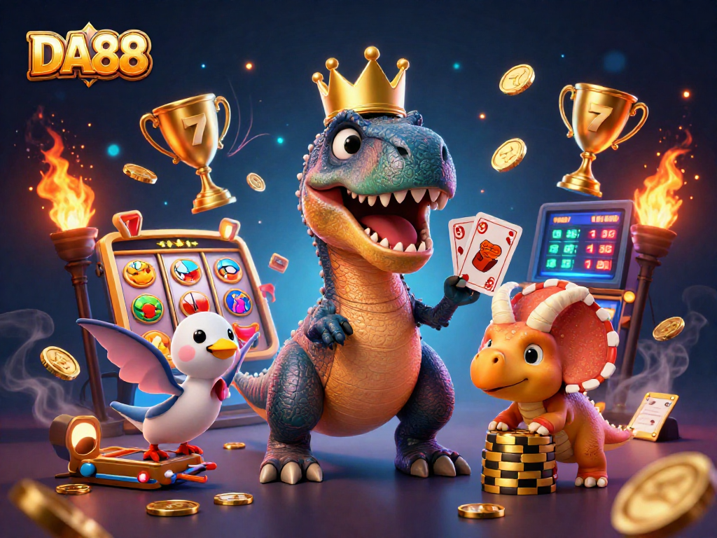 Experience DA88 as a T-Rex shuffles cards while friends stack chips in this vibrant casino scene.