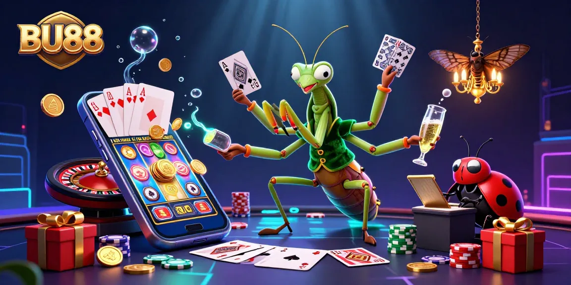 Experience thrilling casino gameplay with BU88 in a vibrant 3D digital illustration featuring engaging characters and game elements.