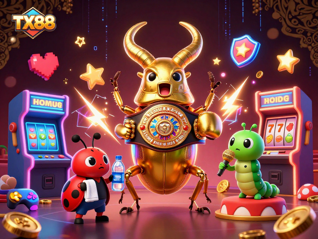 Experience the excitement of TX88 with a dynamic 3D casino illustration featuring a stag beetle champion.