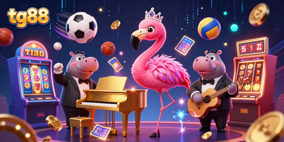 Engage with tg88 gaming: Vibrant cartoon scene featuring a flamingo singer and hippo bassist in a thrilling casino atmosphere.