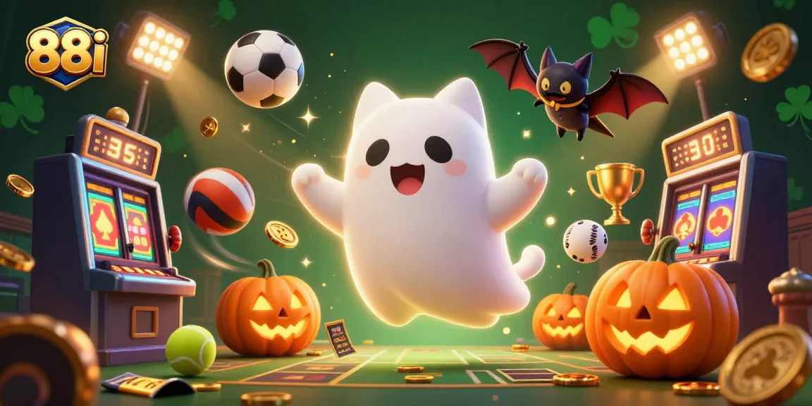 Experience the thrill of 88i gaming with a ghost cat and vampire bat in a haunted casino scene.