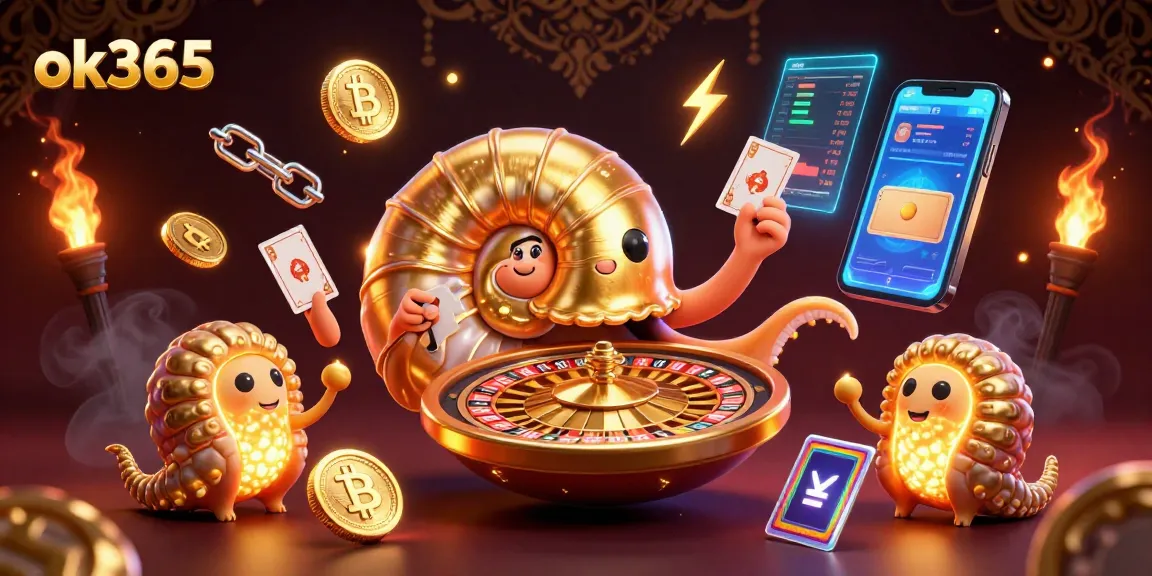 Spin the roulette with ok365's giant nautilus, showcasing vibrant casino elements and cryptocurrency coins.