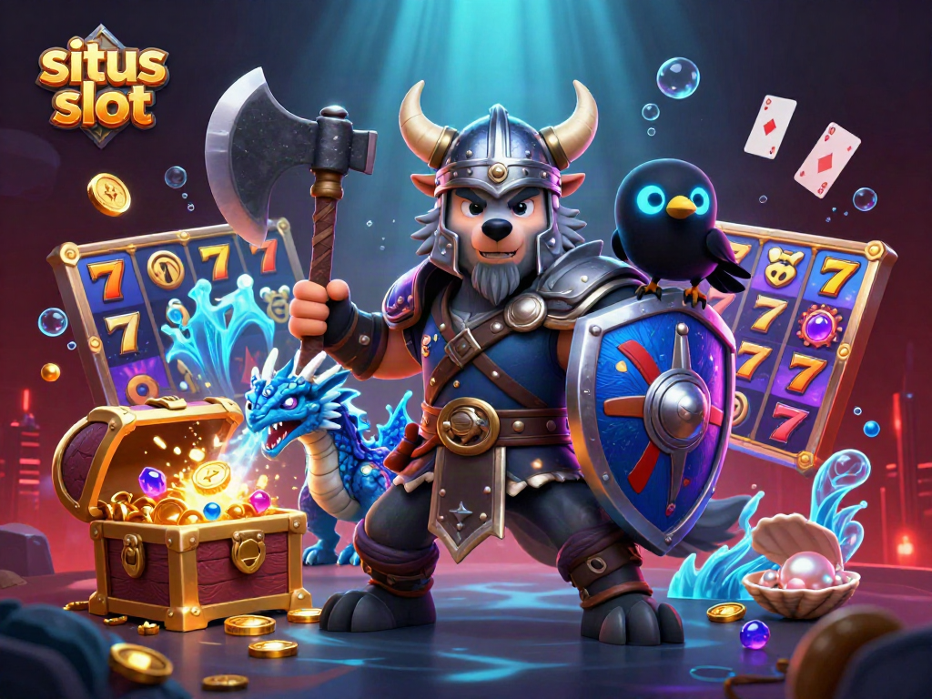Play thrilling games on situs slot with a Viking warrior, fierce dragon, and vibrant casino elements.