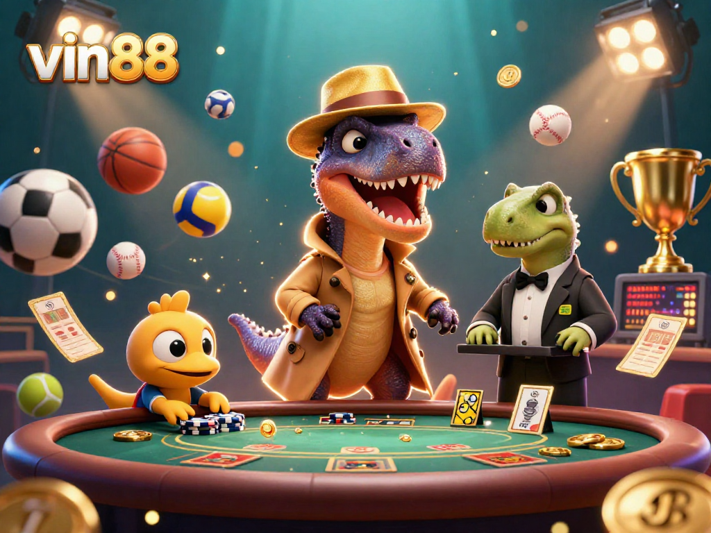 vin88 gamblers engage in a vibrant casino scene with a velociraptor card counter and stegosaurus pit boss.
