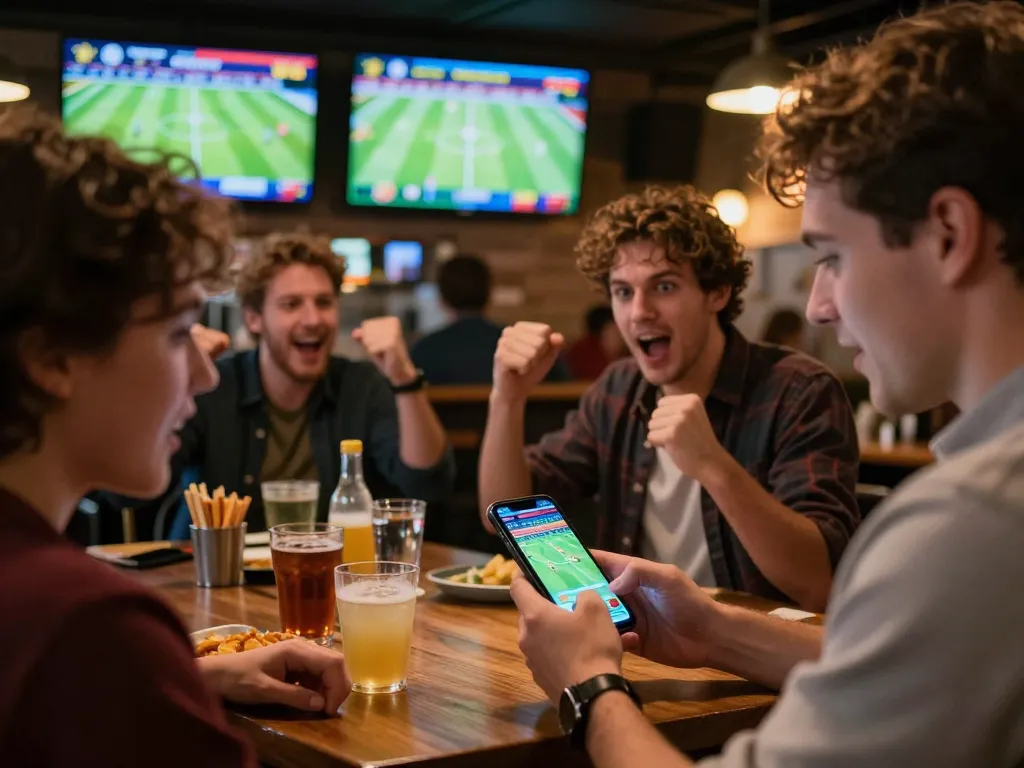 Engaging moment of nhà cái bóng đá 388bet user placing live bets during a football game in lively sports bar