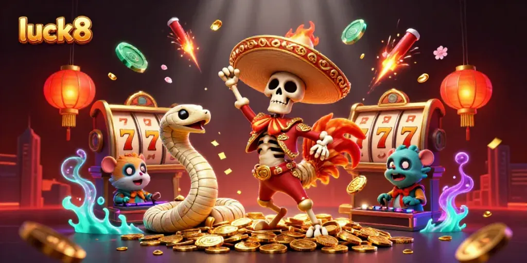 Join the excitement at luck8 with a lively 3D scene featuring vibrant casino elements and characters.