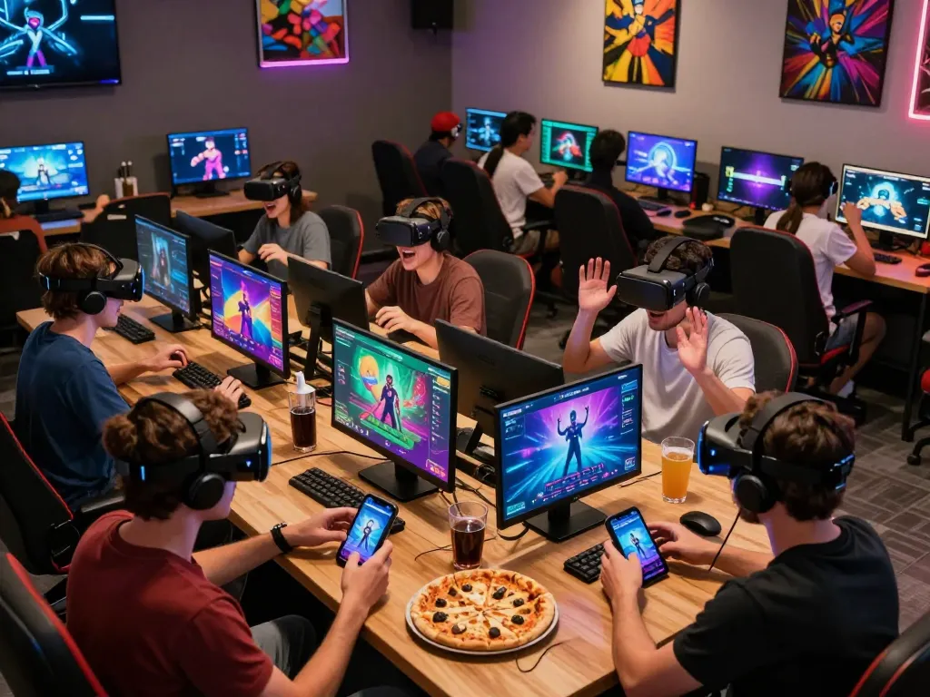 Players enjoying mind control porn games in an engaging gaming lounge with colorful graphics and VR setups.