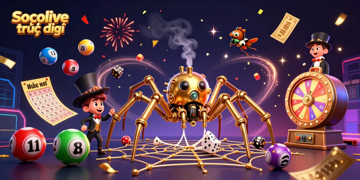 Socolive trực tiếp engages players with a lively casino scene featuring colorful lottery elements and a steampunk spider.