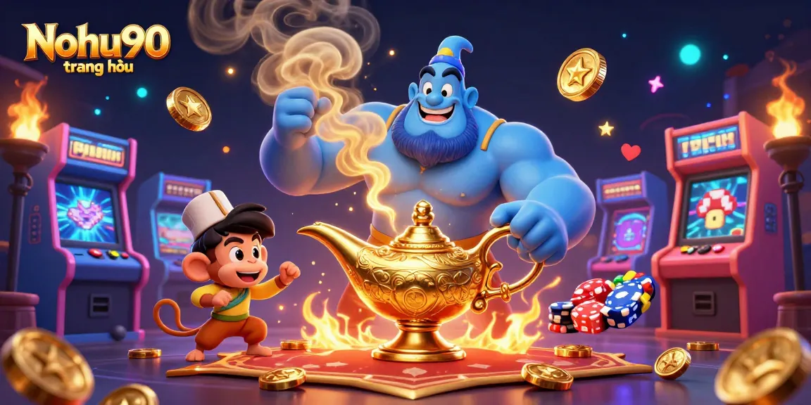 Nohu90 trang chủ showcases a vibrant scene of a genie and monkey amidst exciting casino elements.