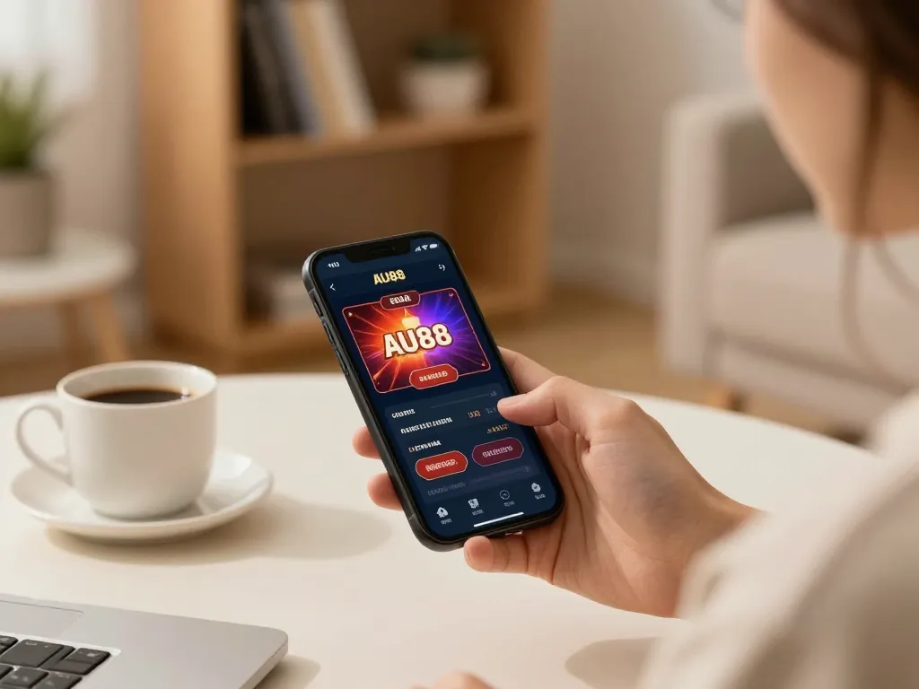 Engaging with the nhà cái au88 casino app on a smartphone in a cozy home setting.