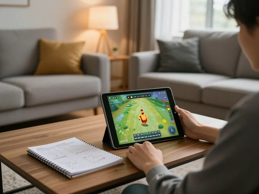 Persona che si diverte con il gameplay di Chicken Road recensioni su un tablet in un ambiente domestico accogliente