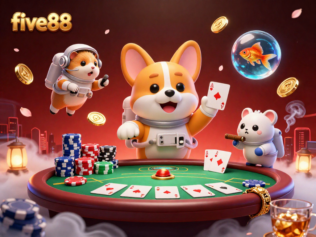 Experience the vibrant five88 casino atmosphere with an astronaut corgi and friends in a space station.