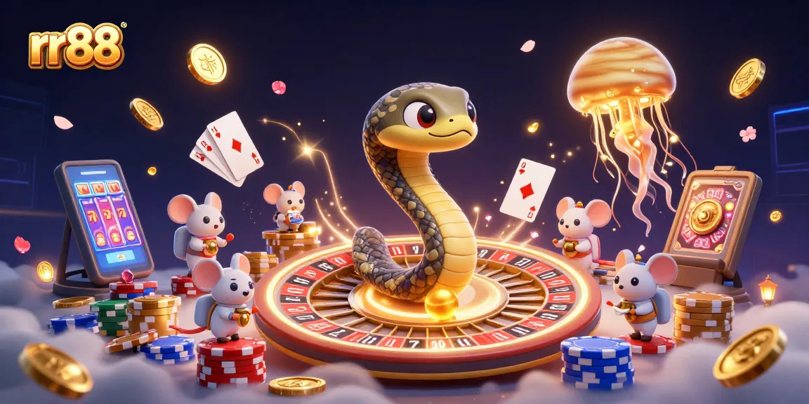 Experience dynamic betting action with rr88 at this vibrant 3D casino illustration showcasing a roulette wheel, coins, and cards.