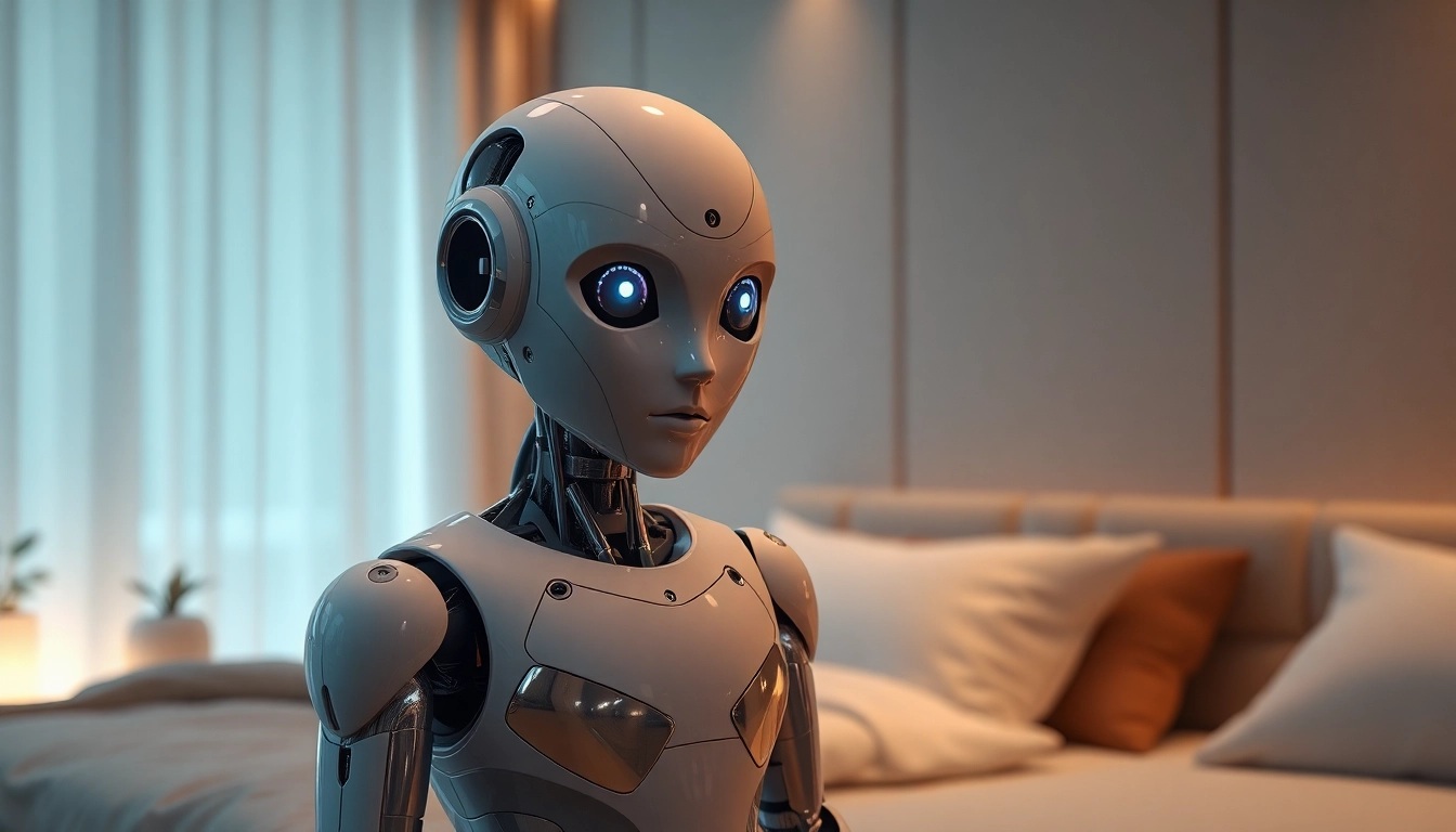 Humanoid sex bot in a modern bedroom, showcasing advanced AI features.