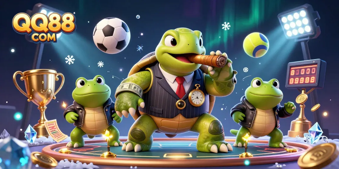 Join the excitement of QQ88 COM with a vibrant 3D illustration showcasing unique gambling characters and elements.