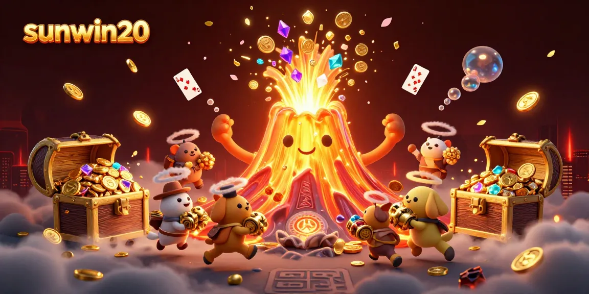 Experience the vibrant world of sunwin20 with a dynamic 3D illustration showcasing a golden volcano erupting treasures from the depths of a casino!