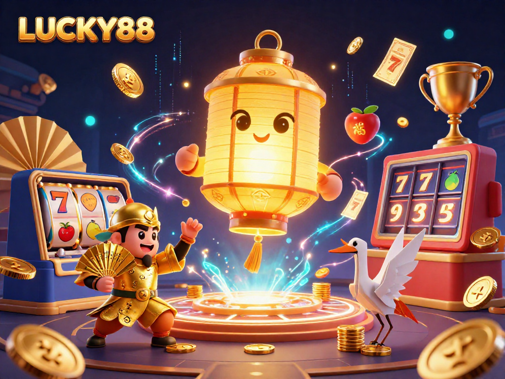 Experience the thrill of LUCKY88 with vibrant casino elements and enchanting spirits in a dynamic night market scene.