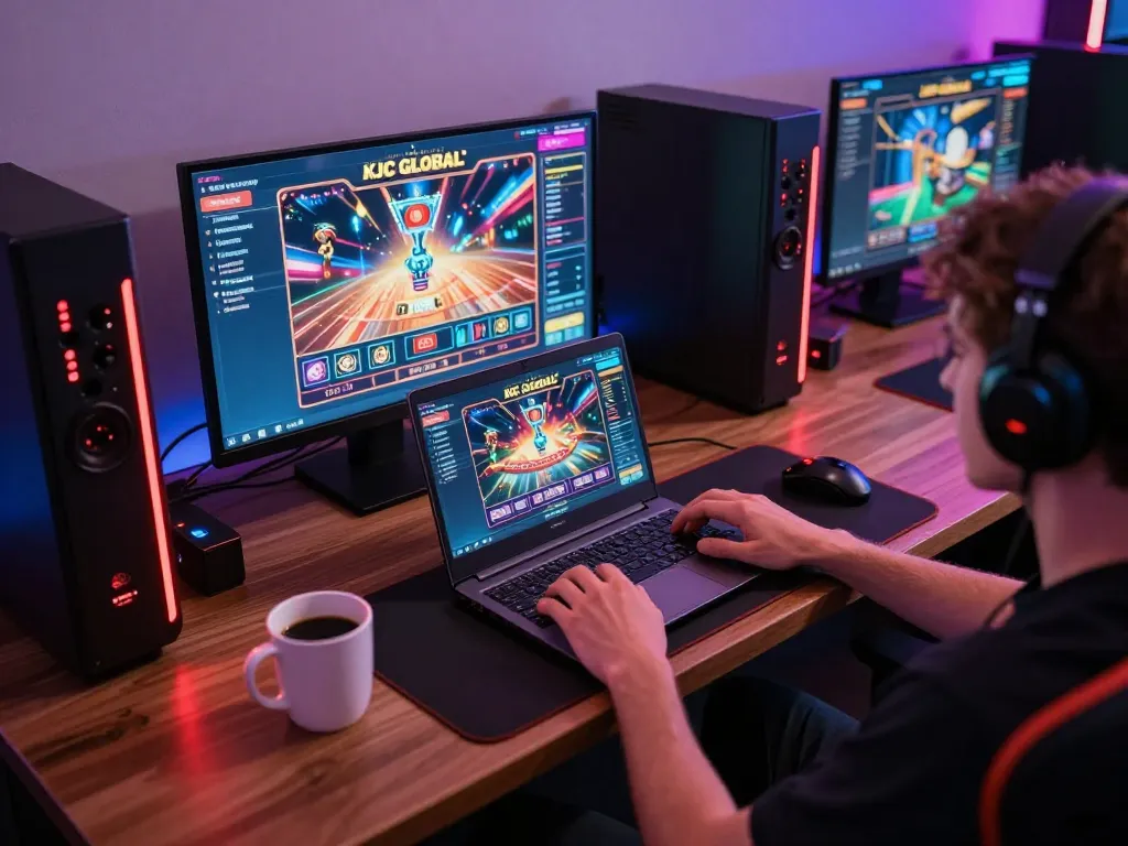 KJC Global player engaging with exciting casino games on a sleek laptop in a modern gaming setup
