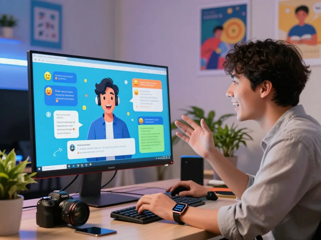 Engaging with CrushonAI's interactive AI character in a modern workspace environment.