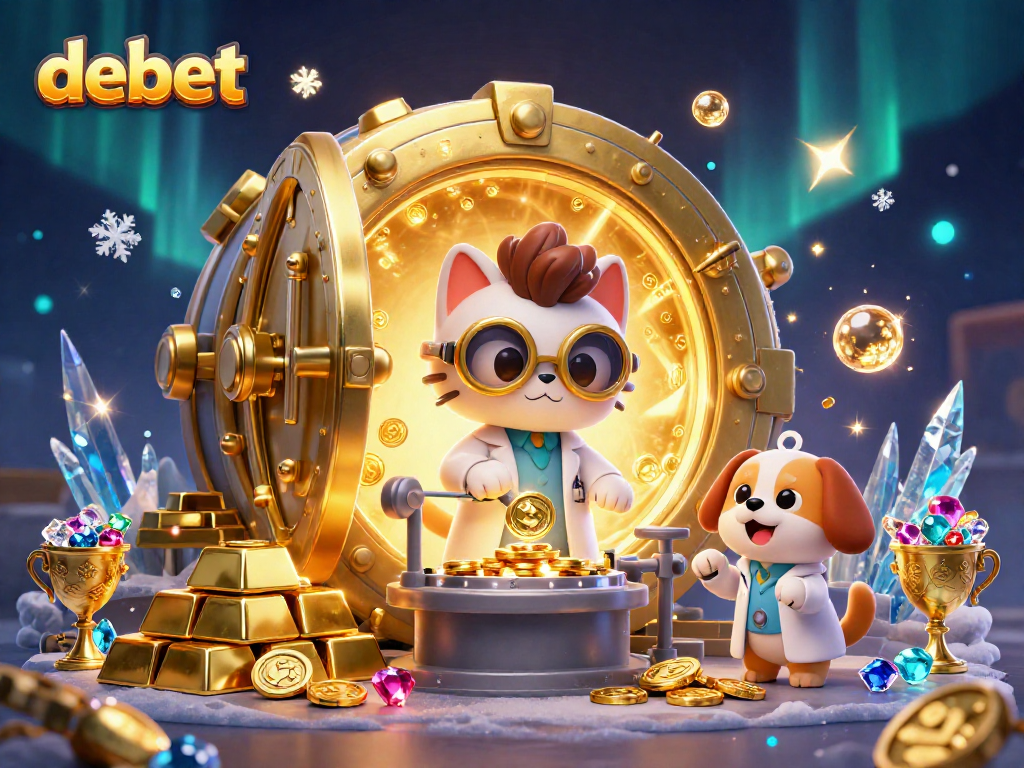 Engage with debet through a thrilling casino scene filled with gold and jewels.