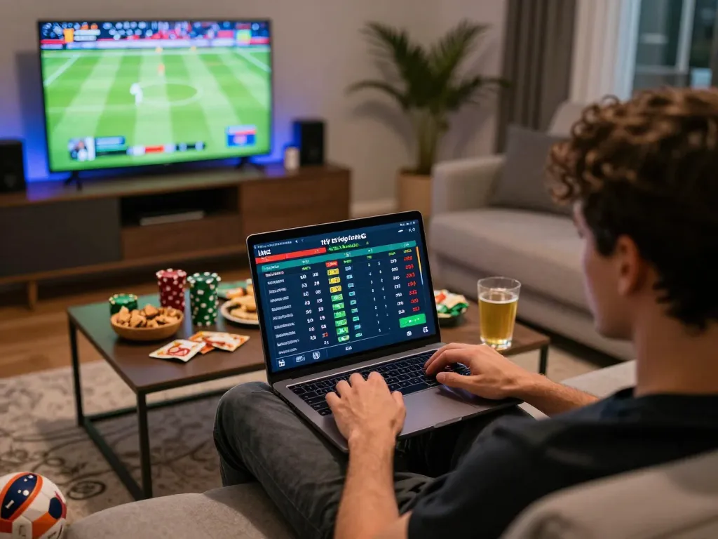 Tỷ lệ kèo trực tuyến displayed on a laptop during an exciting sports betting experience at home.