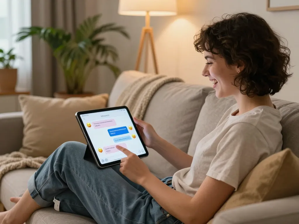 Enjoying a lively conversation with sex AI chat on a tablet in a cozy living room.