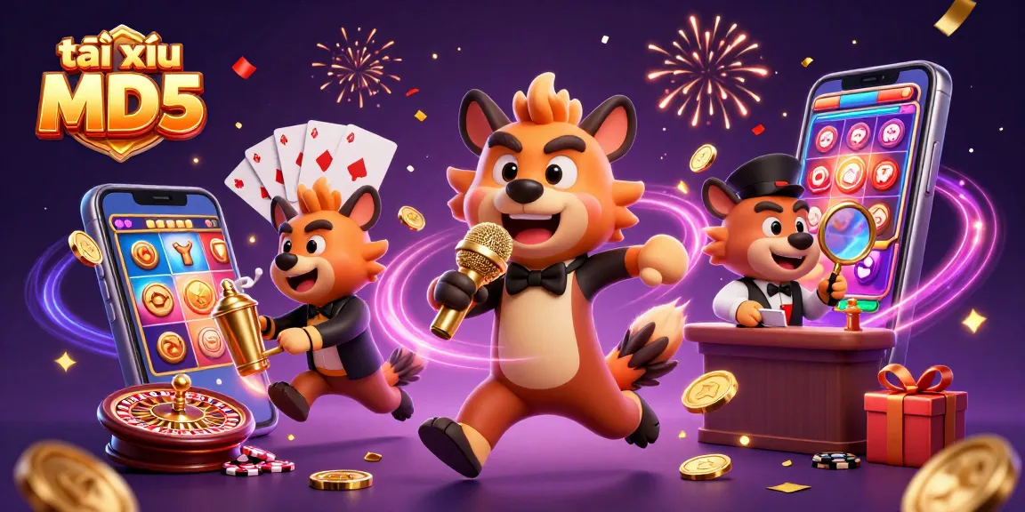 Play tái xỉu MD5 at a vibrant comedy casino club with hyena characters and engaging game elements.