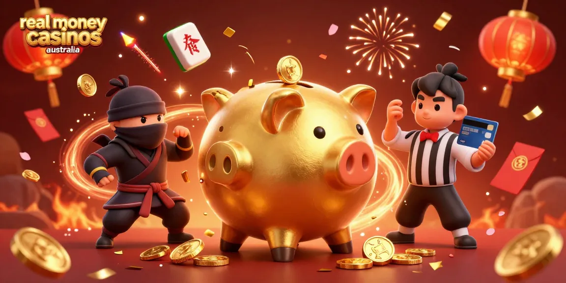 Experience real money casinos Australia with an epic ground-stomp from a golden piggy bank sumo wrestler.